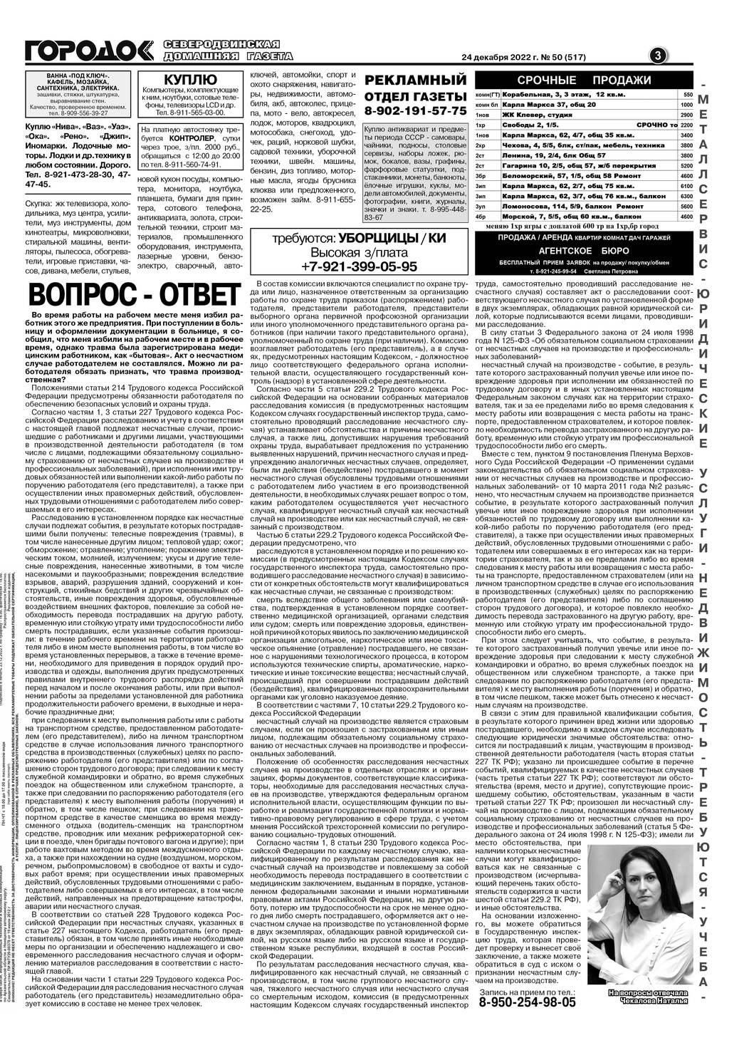 Городок плюс, выпуск номер 50 от 24 декабря 2022 года, страница 3.