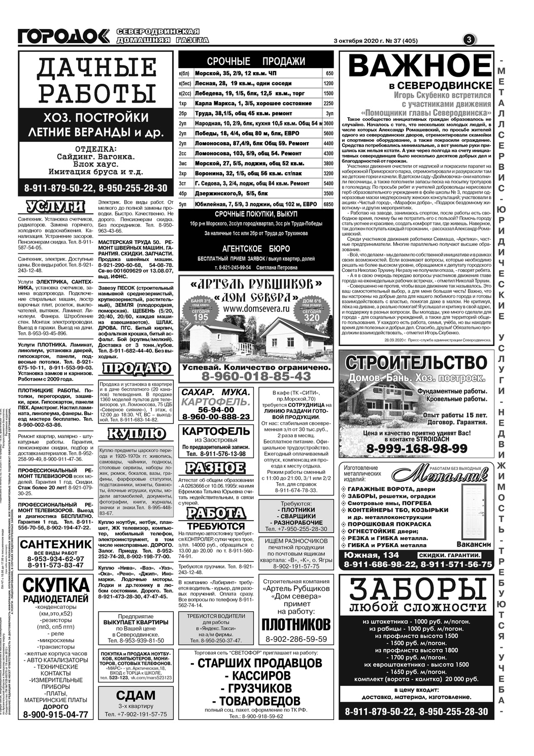 Городок плюс, выпуск номер 37 от 03 октября 2020 года, страница 3.