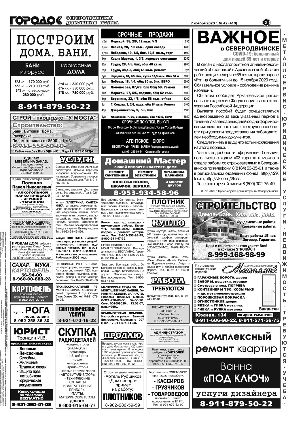 Городок плюс, выпуск номер 42 от 07 ноября 2020 года, страница 3.