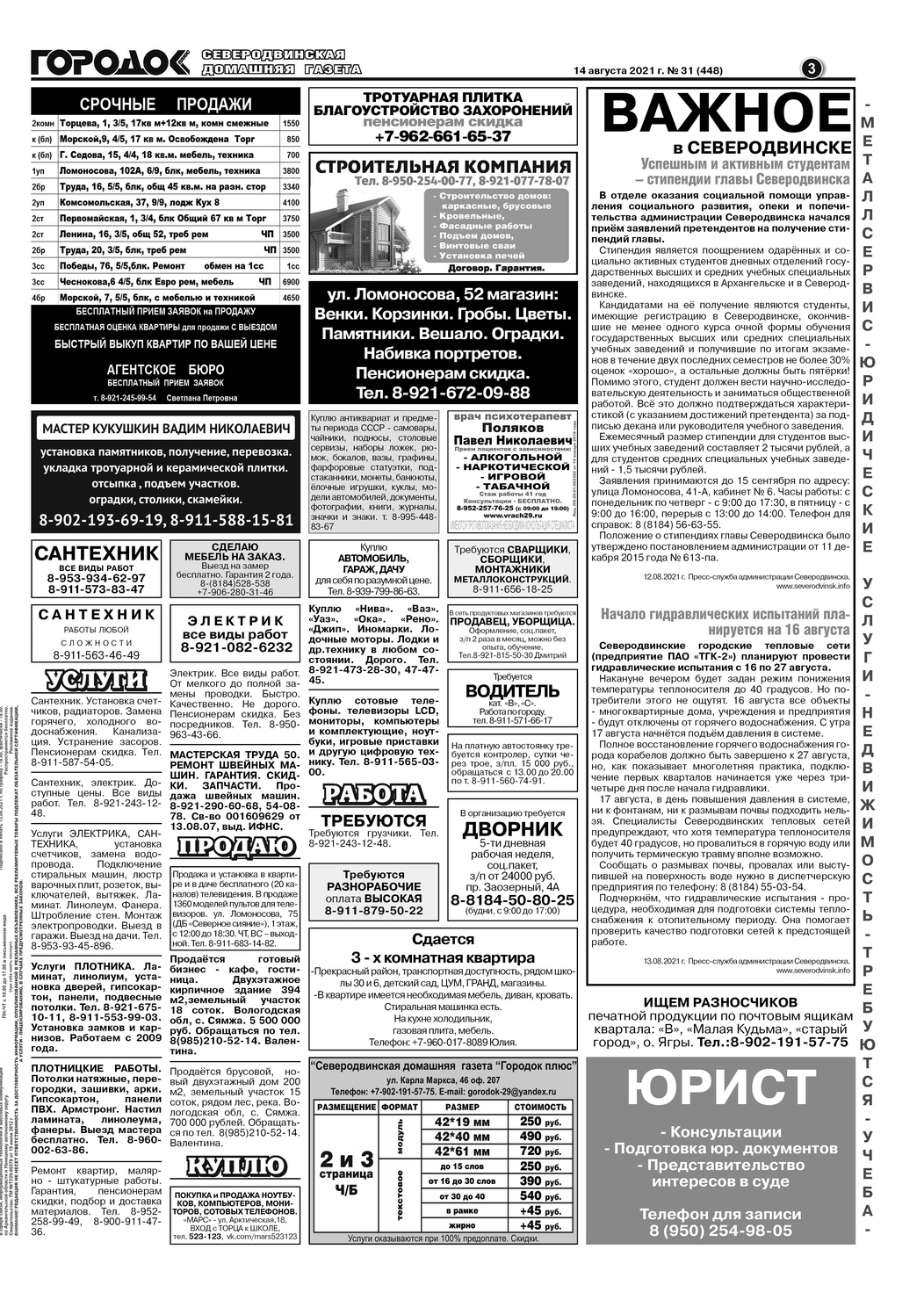 Городок плюс, выпуск номер 31 от 14 августа 2021 года, страница 3.