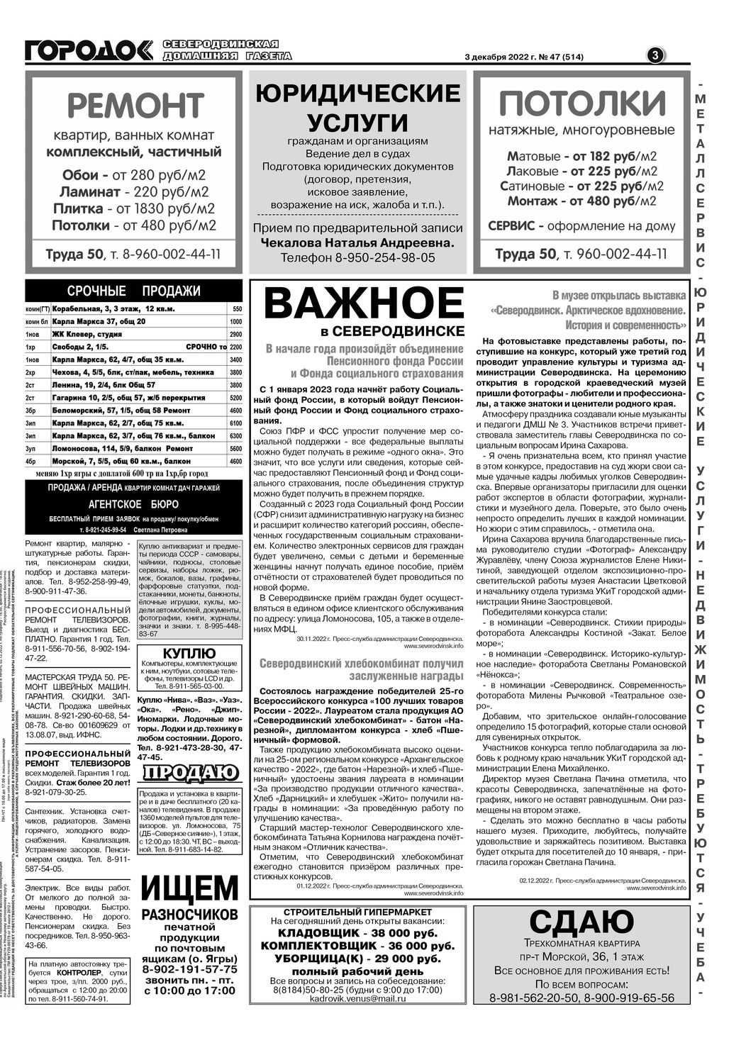 Городок плюс, выпуск номер 47 от 03 декабря 2022 года, страница 3.