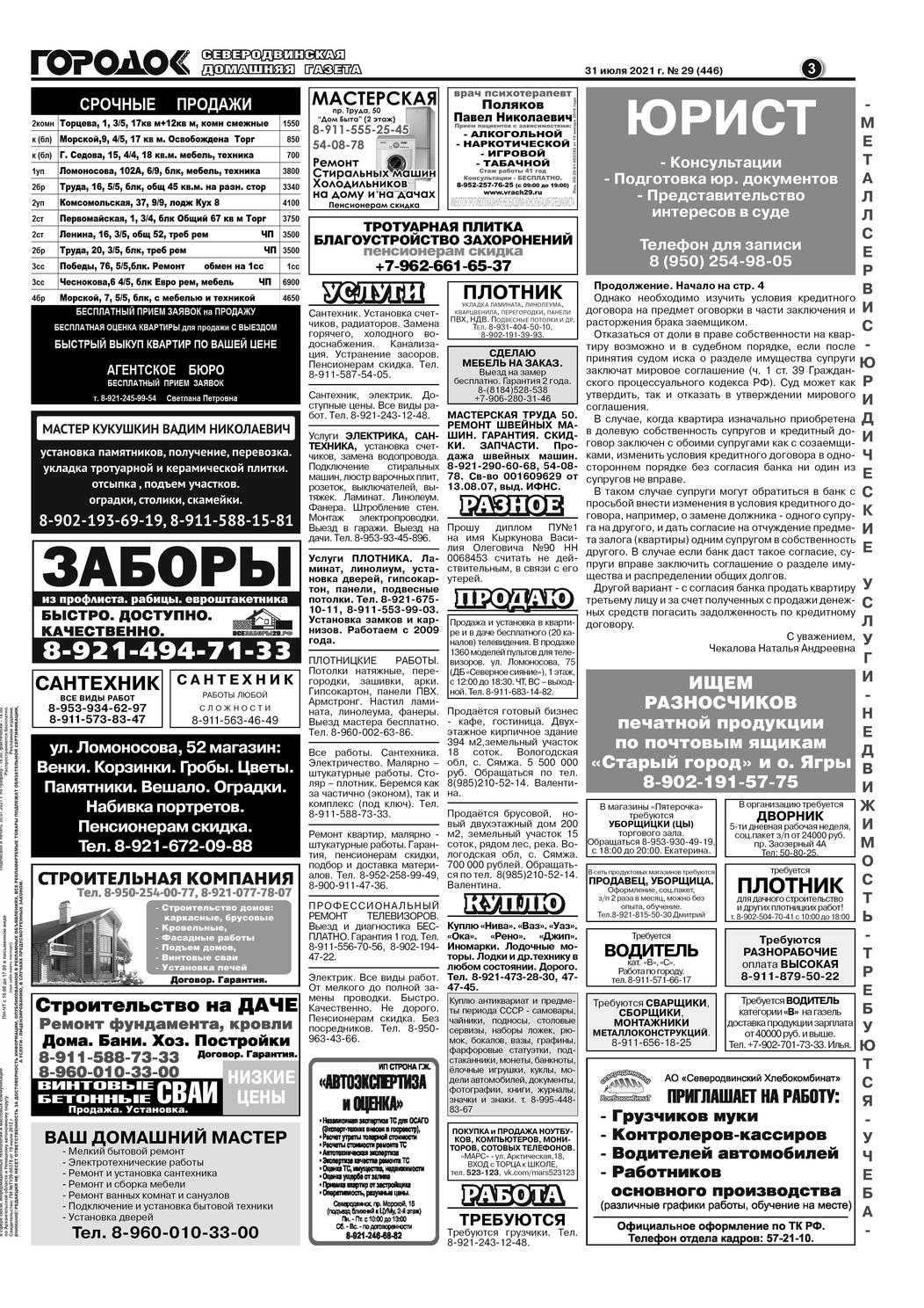 Городок плюс, выпуск номер 29 от 31 июля 2021 года, страница 3.