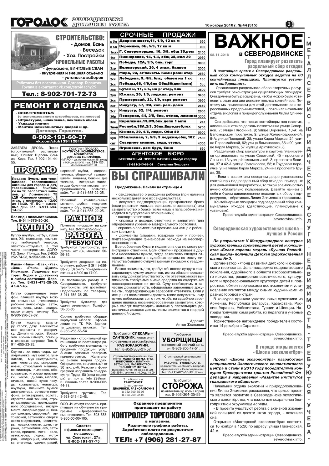Городок плюс, выпуск номер 44 от 10 ноября 2018 года, страница 3.