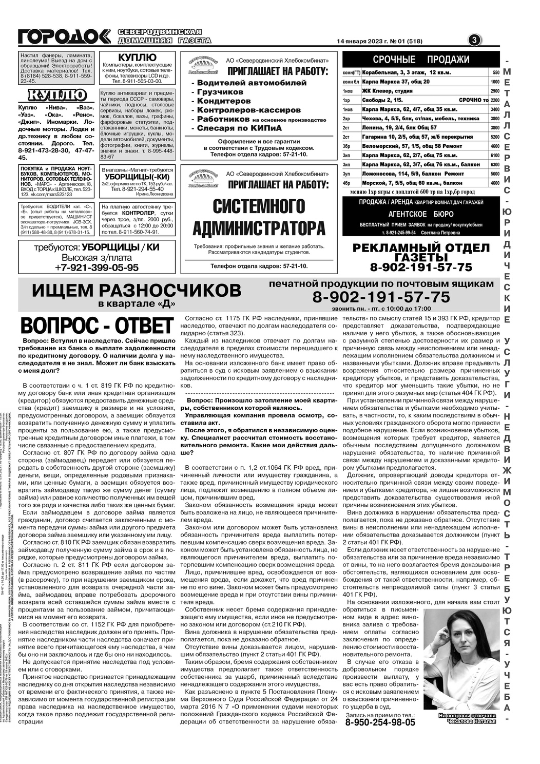 Городок плюс, выпуск номер 1 от 14 января 2023 года, страница 3.