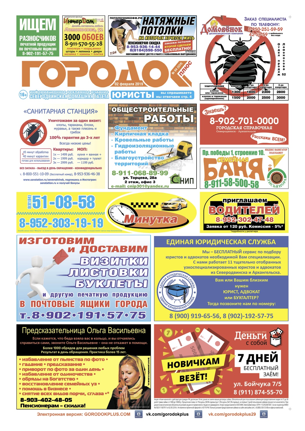 Городок плюс, выпуск номер 4 от 08 февраля 2019 года, страница 1.