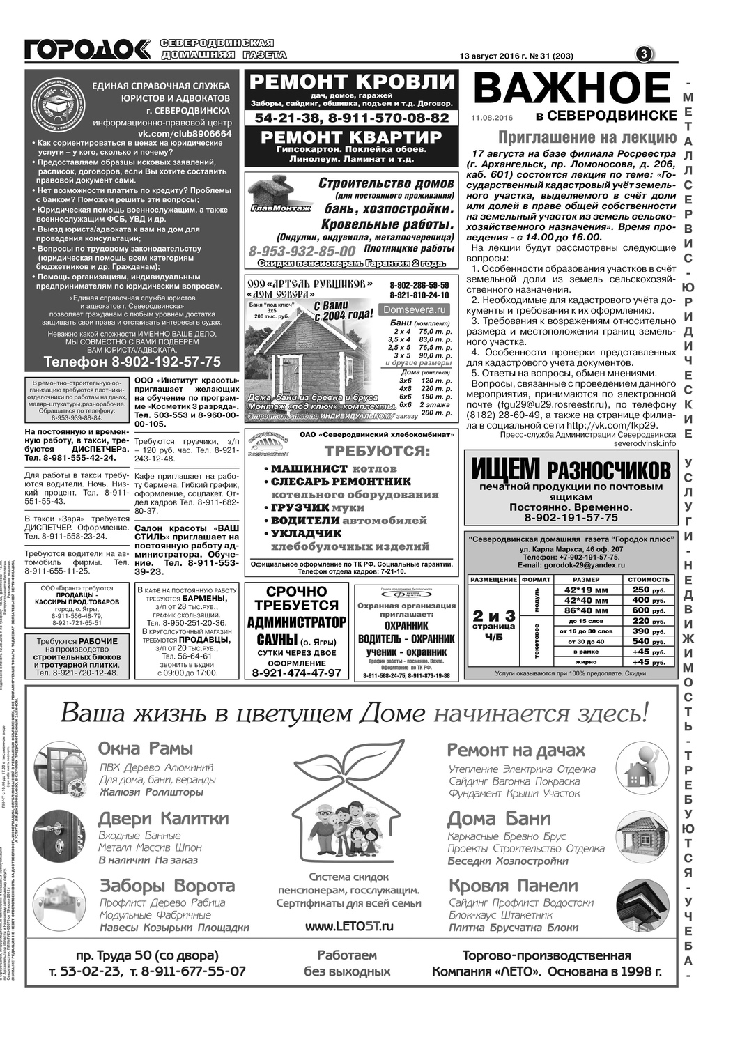 Городок плюс, выпуск номер 31 от 12 августа 2016 года, страница 3.