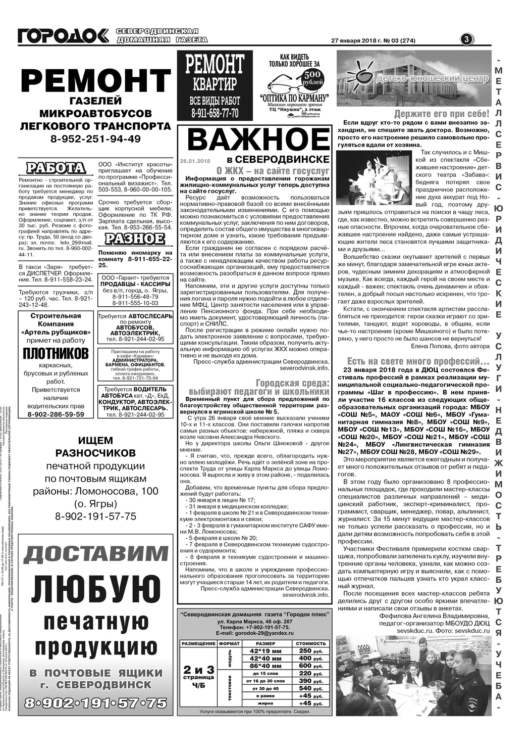 Городок плюс, выпуск номер 3 от 27 января 2018 года, страница 3.