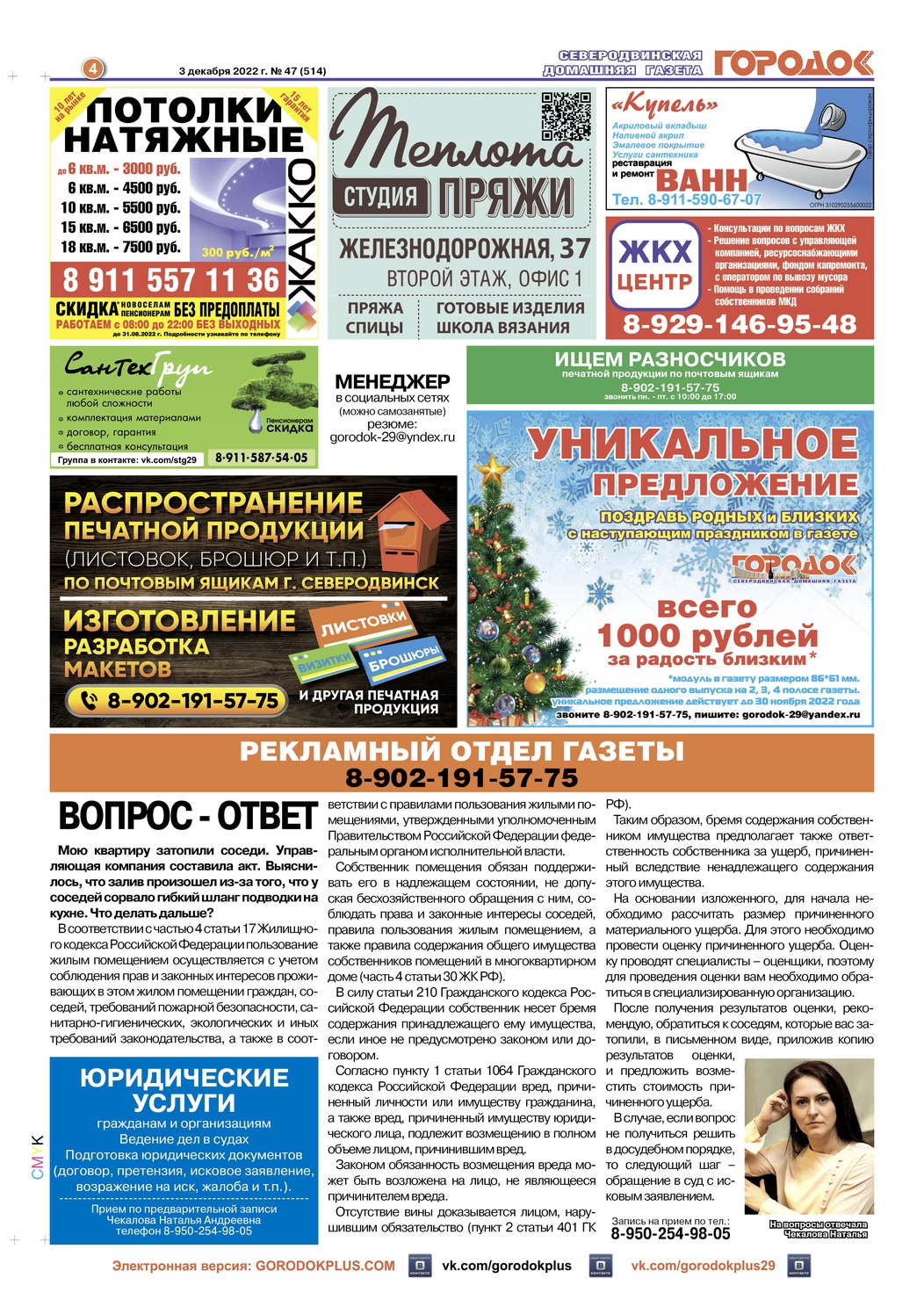 Городок плюс, выпуск номер 47 от 03 декабря 2022 года, страница 4.