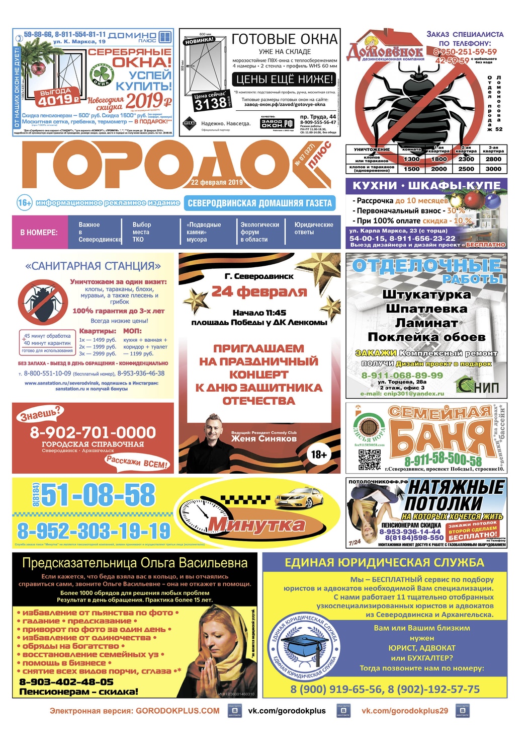 Городок плюс, выпуск номер 7 от 22 февраля 2019 года, страница 1.