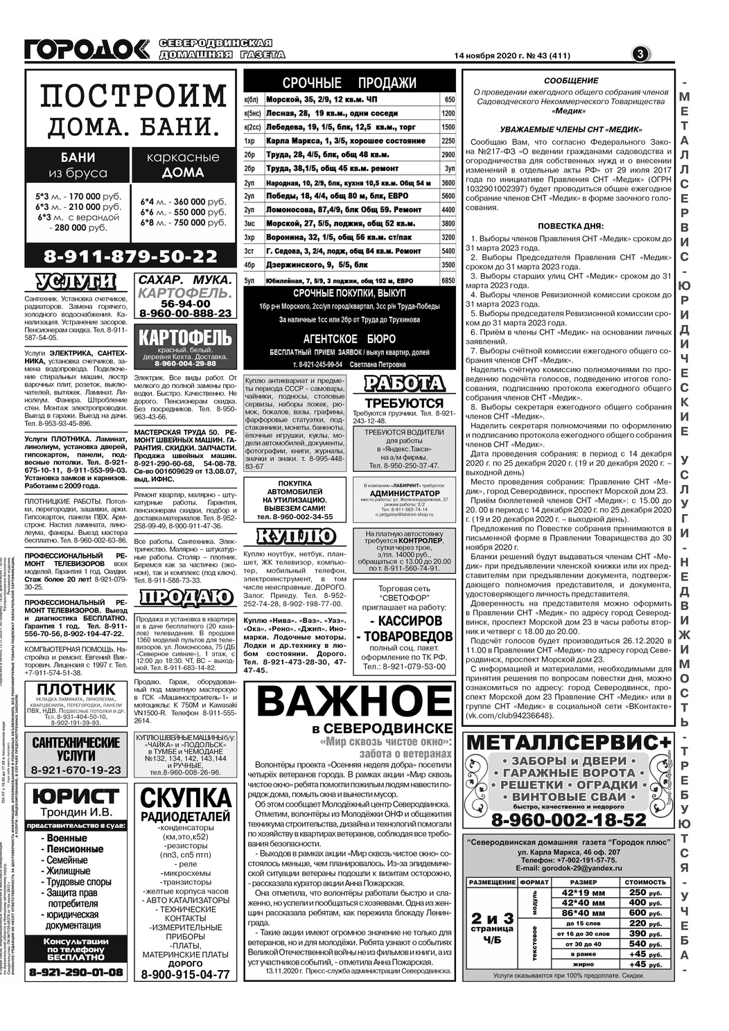 Городок плюс, выпуск номер 43 от 15 ноября 2020 года, страница 3.