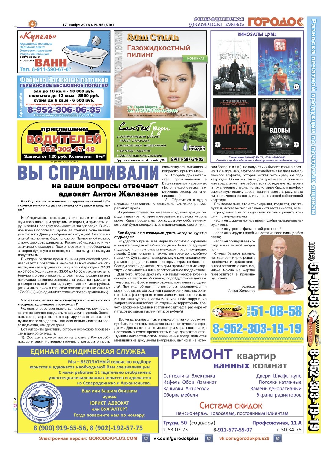 Городок плюс, выпуск номер 45 от 18 ноября 2018 года, страница 4.