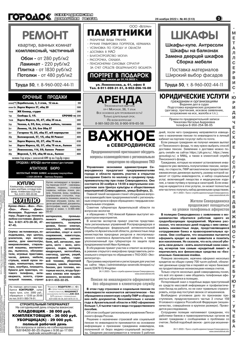 Городок плюс, выпуск номер 46 от 28 ноября 2022 года, страница 3.