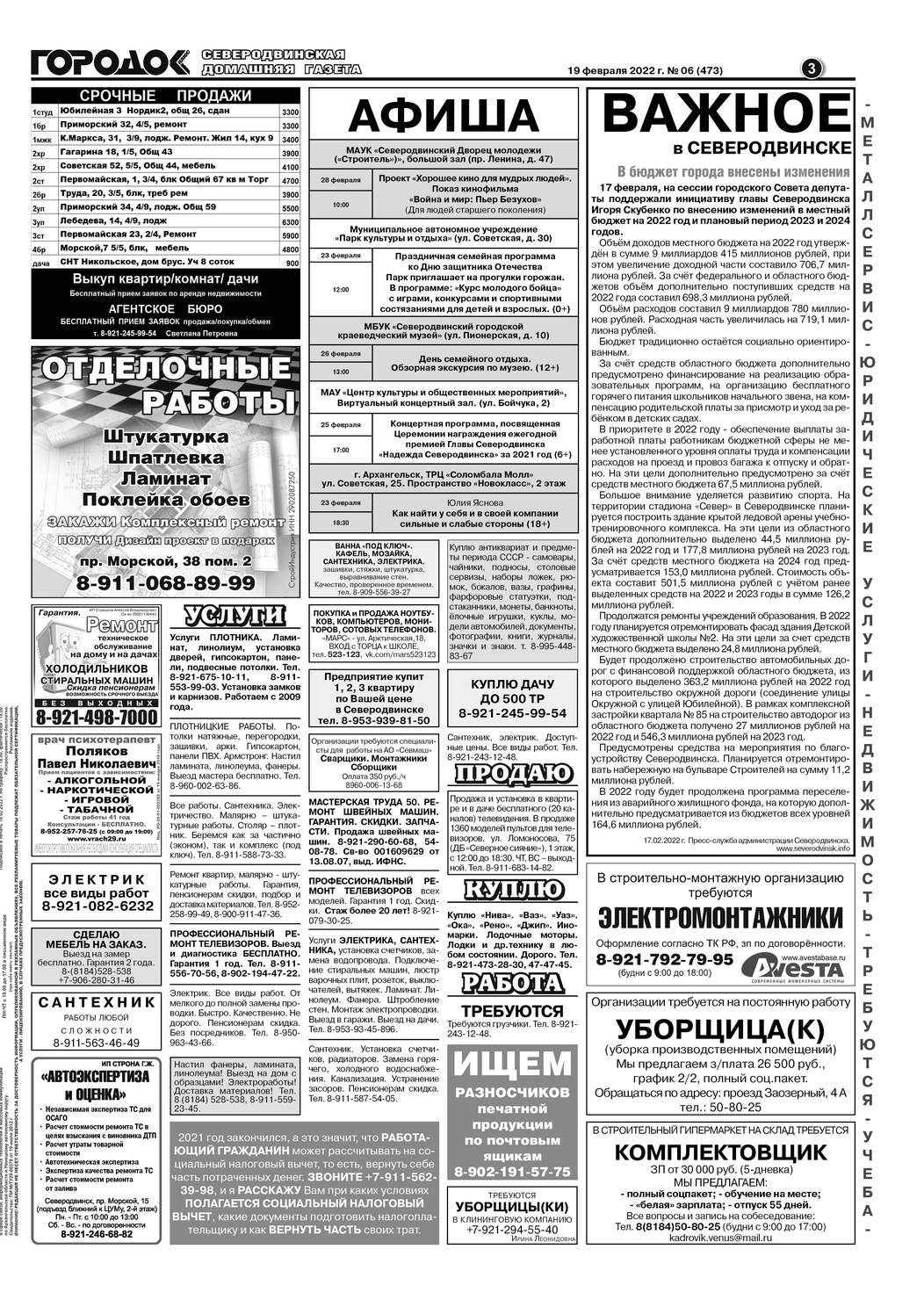 Городок плюс, выпуск номер 6 от 19 февраля 2022 года, страница 3.